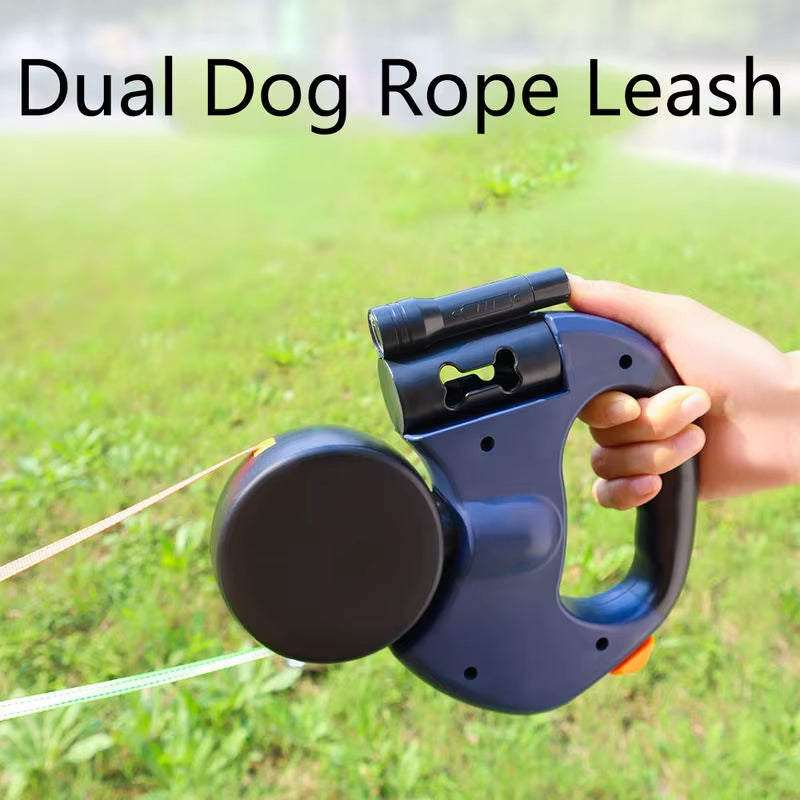 Premium Multi-Functional Dual-Head Retractable Dog Leash Flashlight Reflective 360 Anti-Tangle Solid Adjustable for Two Dogs