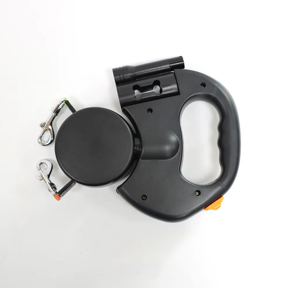 Premium Multi-Functional Dual-Head Retractable Dog Leash Flashlight Reflective 360 Anti-Tangle Solid Adjustable for Two Dogs
