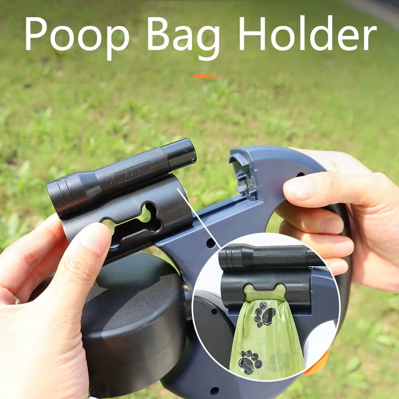 Premium Multi-Functional Dual-Head Retractable Dog Leash Flashlight Reflective 360 Anti-Tangle Solid Adjustable for Two Dogs