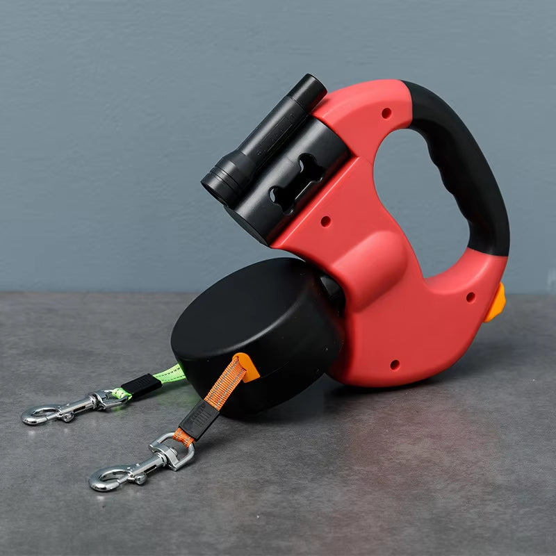 Premium Multi-Functional Dual-Head Retractable Dog Leash Flashlight Reflective 360 Anti-Tangle Solid Adjustable for Two Dogs